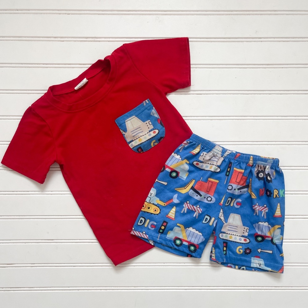 VGUC Primary Colors Construction Truck Pocket Shirt Elastic Shorts Set